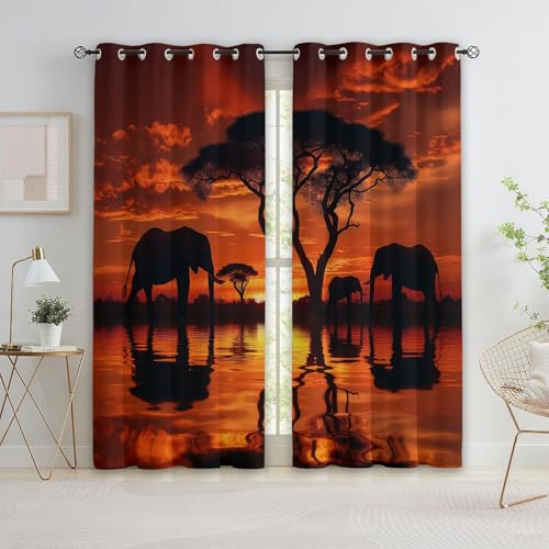 Quixora Vorhänge Tiere Grasland Elefanten Sonnenuntergang Afrika, Dekorative Ösen, Blickdicht Thermo Verdunkelungsvorhang Mädchenzimmer Schlafzimmer Wohnzimmer, 2 Paneele 215 x 110 cm