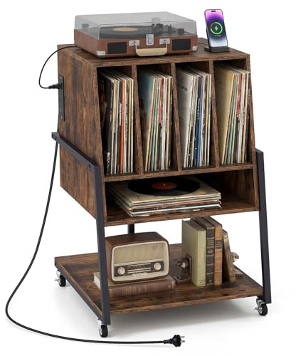 COSTWAY Supporto per Giradischi, Mobile Porta Giradischi con 4 Scomparti e Ripiani Aperti, Scaffale per Dischi in Legno con Ruote e Piedini Regolabili (Marrone Rustico, Con Presa di Corrente)