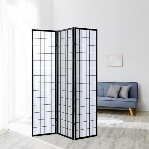 Homestyle4u 162, Paravent Raumteiler 3 teilig Holz Schwarz Sichtschutz Raumtrenner Reispapier Weiß Höhe 175 cm