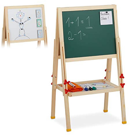 Relaxdays Standtafel Kinder, höhenverstellbar & magnetisch, Holz, Whiteboard & Kreidetafel, 81-104 x 45 x 42 cm, Natur