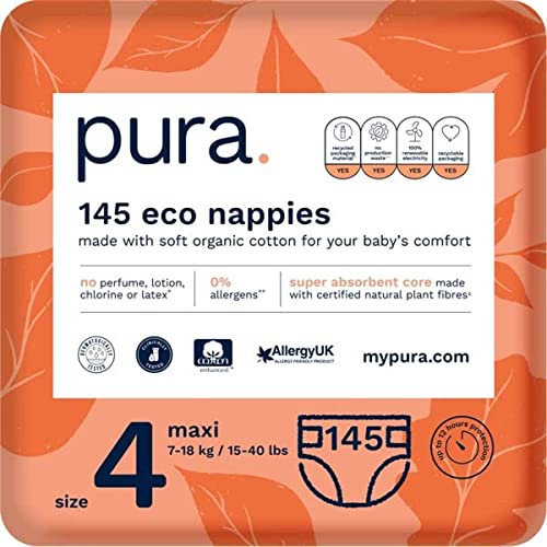 Pura Öko-Windeln Größe 4 (Maxi 7-18 kg), 145 Windeln (5 x 29 pro Packung), Monatsbox, mit EU Ecolabel Zertifiziert, für Empfindliche Haut, aus Bio-Baumwolle, Geruchsfrei, 12 Stunden Auslaufschutz