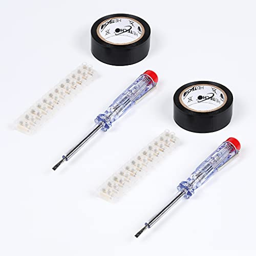 HEITECH Elektro 2er Set Spannungsprüfer, Isolierband & Lüsterklemme - Phasenprüfer Schraubendreher 230V transparent - Lüsterklemme schraubbar 12-polig 2,5mm - Isolierband 19 mm x 5 m schwarz