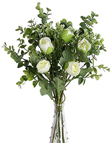 huaao 2pcs Künstliche Seidenblumen Rosa wie echt Kunstblumen Frühling Schleierkraut Eukalyptus Blumenstrauß Pflanzen Blumenarrangements Hochzeit Rosen für Tischdeko Büro Balkon Dekoration Weiß