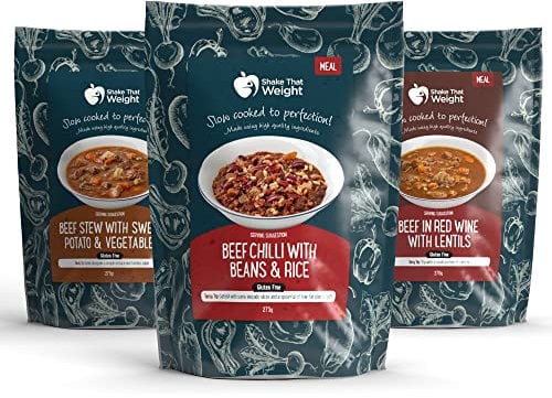 Shake That Weight - Beefie Bundle: Beef Chilli with Beans, Beef in Red Wine with Lentils, Beef Stew with Sweet Potato - High Protein Diet Ready Meals, Ready to Eat (MRE) Suitable for Camping