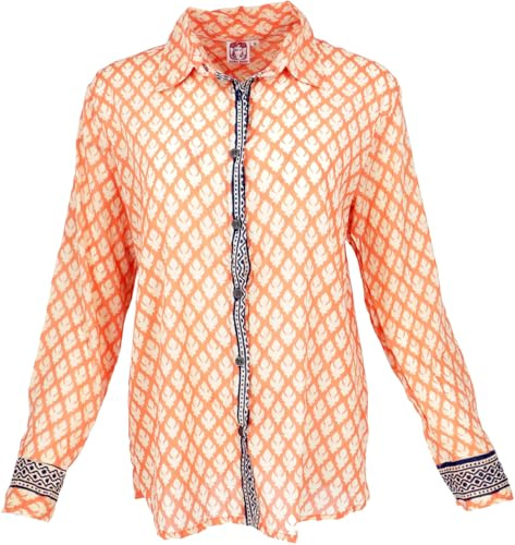 GURU SHOP Leichtes Unisex Boho Baumwollhemd, Hemdbluse - Orange/blau, Damen, Baumwolle, Size:M