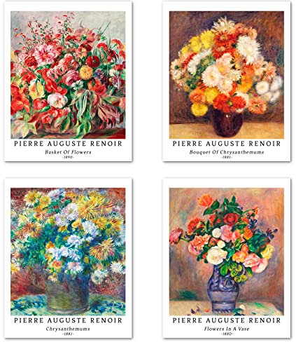 Kunstdruck Ungerahmt Bilder Set von 4, Poster Größe: 28x35 cm Premium Blumen Kunstpapier Wanddeko Vintage Geschenk Bunt Foto Fotoalbum Passenden Collage Deko Pierre Auguste Renoir Pictures