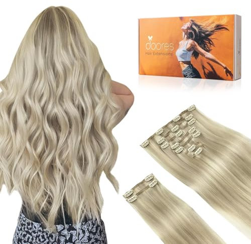 DOORES Echthaar Extensions Clip, Aschblond Highlights Platinblond 40cm 16 Zoll 9 Stück 150g Haarverlängerung Echthaar Clip Remy Menschlich Clips in Haarverlängerung Natürliche Echthaar Extensions