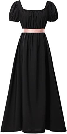 COSDREAMER Women Medieval Victorian High Waist Retro Regency Dress Ladies Retro Ribbon Ruffled Puff Sleeve Dress Black