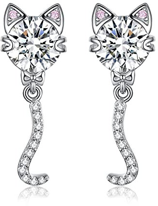 JewelryPalace Süße Katze 4ct Zirkonia Ohrstecker Silber 925 Damen, Rosa Stein Schmuck Set, Katzenschwanz Schaukel Ohrringe Silber Mädchen Schmuck, Modeschmuck Ohrhänger Silber für Frauen Geschenke