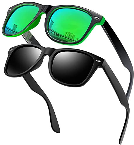 KANASTAL 2 Piezas Gafas de Sol Verde Polarizadas Mujer Hombre Espejo Retro Clasicas Protección UV 400 Green Sunglasses Men - Negras Mate + Lentes Verde Marco
