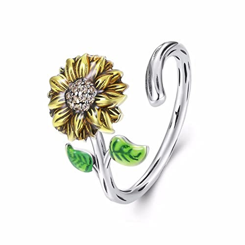 Qings Sonnenblumen Ring für Damen, 925 Sterling Silber Einstellbarer Blume Ringe Sie Sind Mein Sonnenschein Offener Ring Schmuck Geschenk für Frauen Mädchen