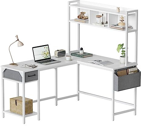 CubiCubi Schreibtisch L Form 148x120cm, Eckschreibtisch mit Schubladen, Regal und Seitentaschen, Computertisch für Homeoffice und Gaming, Weiß