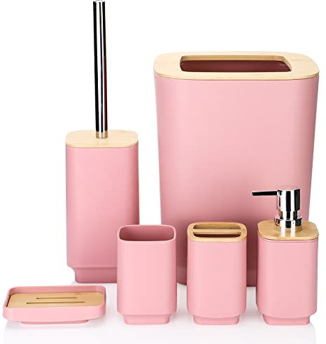 JOTOM Bamboo Bathroom Accessories Set of 6 Modern Design 6 Pieces Bathroom Accessory Set Soap Dispenser Toothbrush Holder Tooth Mug Soap Dish Toilet Brush Rubbish for Bathroom Home Decor (Pink)