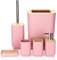 JOTOM Bamboo Bathroom Accessories Set of 6 Modern Design 6 Pieces Bathroom Accessory Set Soap Dispenser Toothbrush Holder Tooth Mug Soap Dish Toilet Brush Rubbish for Bathroom Home Decor (Pink)