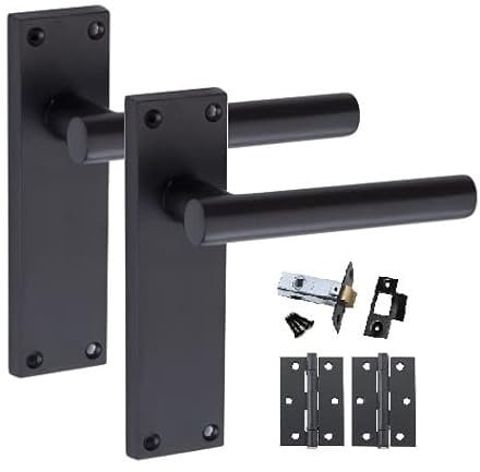 Golden Grace T-Bar Lever Backplate Black Door Handle - Complete Packs with Latch, Lock, and 3 Ball Bearing Hinges - Matt Black Finish (1 Set)