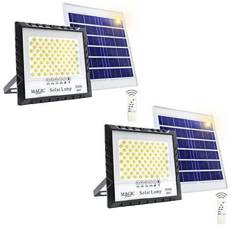 MAGIC SELECT 2x Wand Solar Flutlicht 300W- 340LED mit Photovoltaik Solarmodul mit Fernbedienung, Automatischem Zündsensor. IP67 Solarstrahler für Terrasse, Garten, Garagenbeleuchtung.