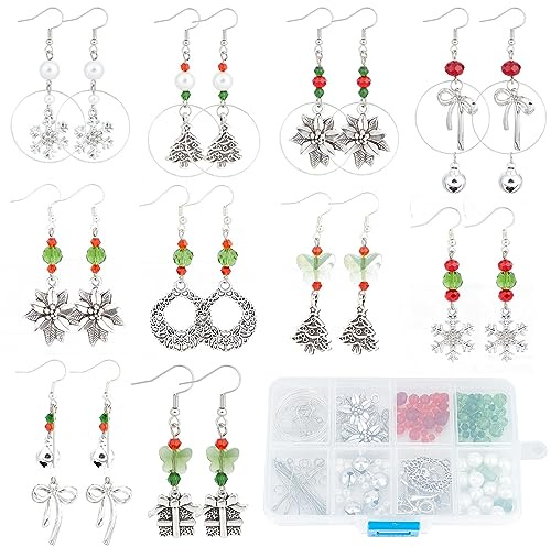 SUNNYCLUE 1 Box DIY 10 Pairs Christmas Charms Red Green Glass Beads Earrings Making Starter Kit Tibetan Style Antique Silver Snowflake Charms Christamas Tree Charms for Jewellery Making Kits Women