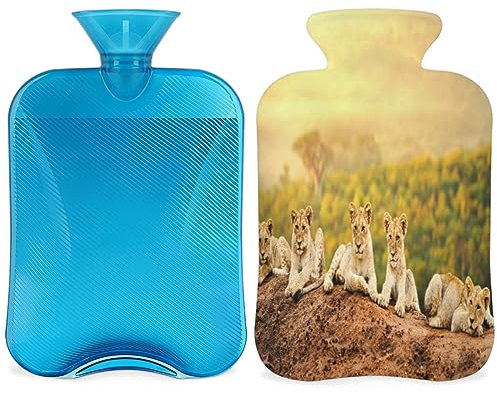 Löwe Wärmflasche mit flauschigem Bezug, 2 l, große Kapazität, Tiere, Löwenflasche, Wasserbeutel für gemütliche Nächte, Linderung von Schmerzen, Rücken, Nacken und Schultern