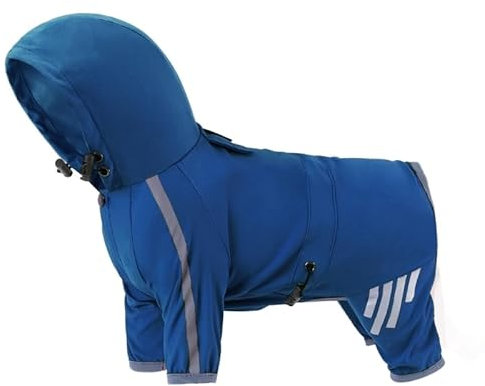 WUURAA Hunde-Regenmantel mit Kapuze, 4 Beinen, reflektierend, wasserdicht, hautfreundlich, Polyester, Blau, XXL