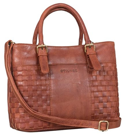 STILORD 'Daniela' Modische Handtasche Leder Damen mit Flecht-Optik Henkeltasche Vintage Umhängetasche für Freizeit Shopping Ledertasche Frauen Echtleder, Farbe:arona - braun