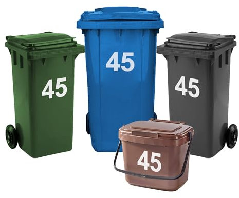 Rubigo 4 x Bin Numbers for Wheelie Bins, 0-99, 17.5cm Dustbin Stickers, Easy Application Stick On Number Stickers - Weatherproof Self Adhesive Vinyl (45)