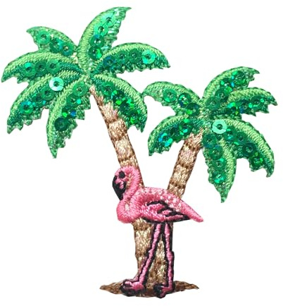 Pink Flamingo with Sequin Palm Tree, Beach, Coastal, Embroidered, Iron on Patch