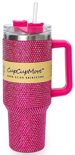 Cupcupmore 40oz Rosy Bling Rhinestone Stainless Steel Sippy Tumbler Glitter Vacuum Insulated Water Bottle with Straw & Lid &Handle,Sparkle Car Cup Holder,Keeps Cold 12 Hours Drinks,Coffee