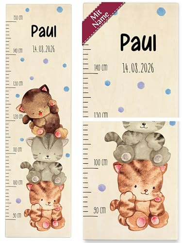 Shirtracer Messlatte Kinder personalisiert Katzentrio mit Name | Holz, 90 - 150 cm, Größe, Dekoration, Geschenk, Wand-Deko, Miez, Stubentiger, Fellnase, Katzenliebe