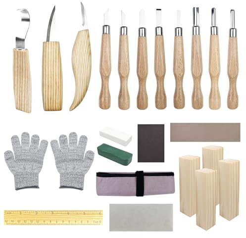 Traxenta Kit Cuchillos para Tallar Madera, 25 PCS Herramientas para Tallar Madera, Juego de Gubias para Tallar Madera, Wood Carving Tools para Principiante, Adultos, Niños, 11 Cuchillo de Talla