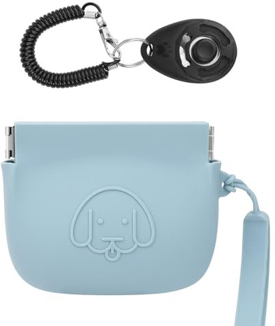 WALLFID Silicone Dog Treat Pouch Small Bag,Auto Closure,with Pet Training Clicker,Walking Bag for Dog and Cat,Pocket Size,Easy to Clean,Odorless,Travel Walking Bag (Cerulean)