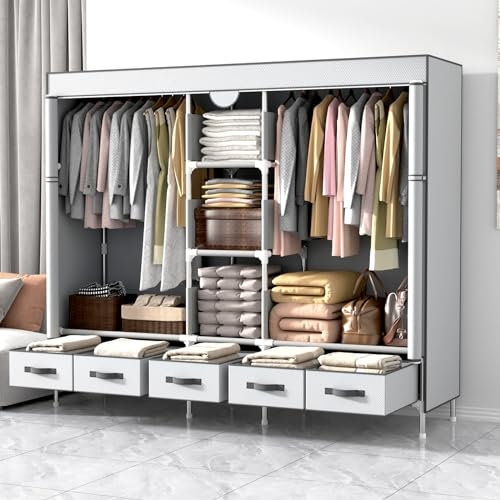 Anmas Power Armoire en Tissu avec tiroirs - 185 x 45 x 175 cm - Grayish White Armoire assemblée dans la Chambre