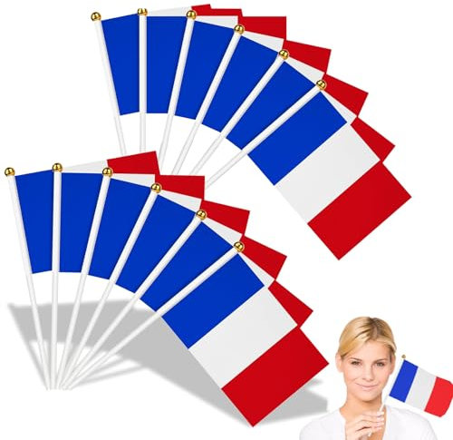 Bandera de Francia Pequeña, ZoneYan 30 Piezas Mini Bandera Francesa con Poste Blanco de 30cm, para Día de la Bastilla y Partidos de Fútbol, 14 x 21 cm