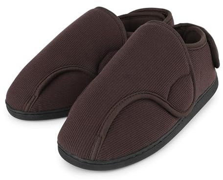 TIESTRA Mens Slippers Memory Foam Slippers Wide Fit Adjustable House Shoes for Diabetic Swollen Feet Coffee 10UK-44EU