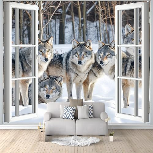 3D-Imitationsfenster Fototapete 150 x 105 cm Moderne Mode Wandtapete für Schlafzimmer und Wohnzimmer - Vlies Tapeten mit UV-Beständigkeit und Geruchsfreiheit - Wandbild mit Tier Wolf im Schnee