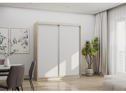 Fabryka Mebli Idźczak - Armoire Porte Coulissante avec Penderie 160 cm Bono 04, Placard Chambre - Chêne Sonoma/Blanc