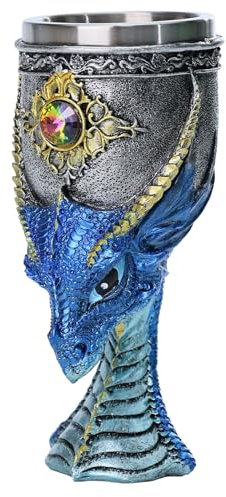 JIUMOZHI Chalice Dragon Drinking Cup Gothic Goblet Dragon Wine Glass Stainless Steel Liner Capacity 6.76 OZ (Blue)