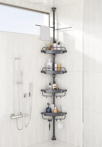 XLHOMO 32-122inch Corner Shower Caddy Tension Pole Grey, Rustproof Drill-Free Shower Shelves for Bathroom Bathtub Washbasin, Adjustable Shower Organizer with 4 Tier Patent Stable Shelves & Towel Bars