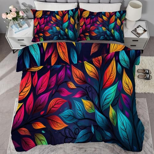 buyluhn Bettdecke 135x200 Bunt Blätter, 4 Jahreszeiten Bettdecken Blatt Ohne Bezug Nutzbar, Kinder Steppdecke Microfaser Ganzjahresdecke,Waschbar Bettzeug mit 1 Kissenbezug für Sommer Winter