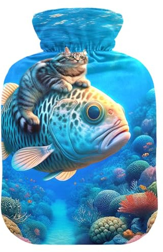 Little Cat Riding on Fish Hot Water Bottle with Soft Velvet Cover Hot Water Bag for Hot and Cold Compress, 2 Liters