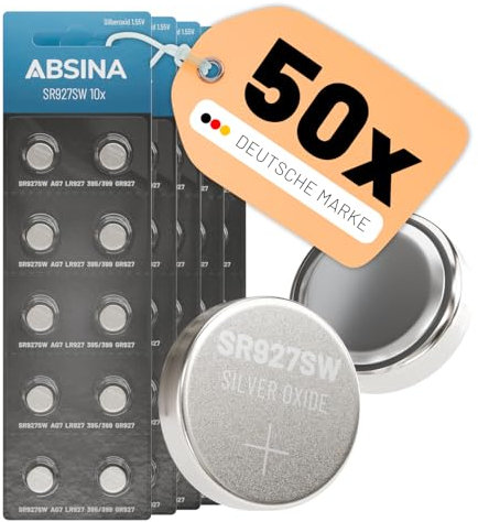 ABSINA SR 927 SW Uhren Knopfzelle 1,55V Silberoxid 5X 10er Pack - Uhrenbatterie 395/399 / AG7 / LR927 - SR927SW Uhrenbatterie auslaufsicher & Lange Haltbarkeit - Uhrenbatterie SR927SW, Knopfzelle