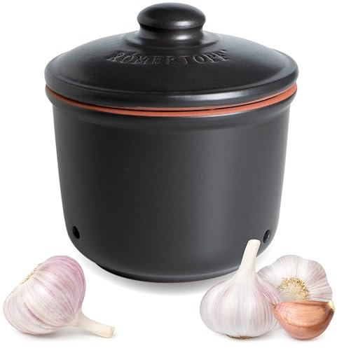 Römertopf Frische-Topf MINI 0,6 Liter - Knoblauchtopf Keramik - Atmungsaktiver Ton hält Gemüse länger Frisch - Ideale Luftzirkulation - Schwarz