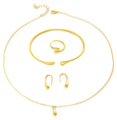 FDEETY 4 Stück Schmuckset Tropfenform Goldoptik Halskette Armreif Ohrringe Ring Damen Schmuck