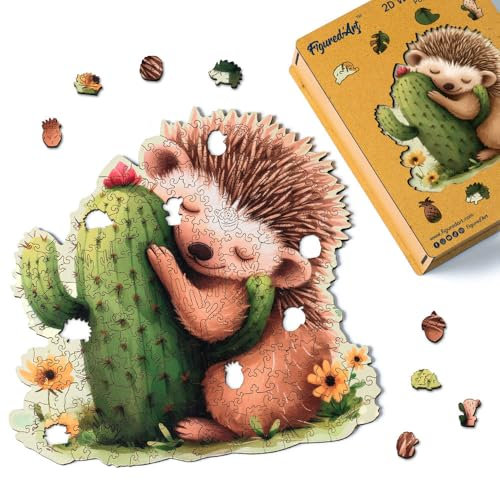Figured'Art Holzpuzzle Erwachsene und Kinder 200 Teile Tiere - Igel mit Kaktus - Originelles Design 28,2x28,5 cm Einzigartige Form mit Premium-Holzkiste