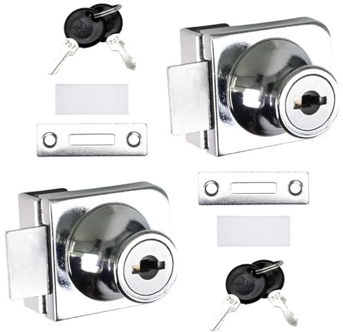 Selyse 2 Stück Vitrinenschloss für 5-8 mm Glastür, Schloss für Glasvitrine mit Schlüssel, Kein Bohren, Sicherheitsschloss für Glas und Schranktüren Silber