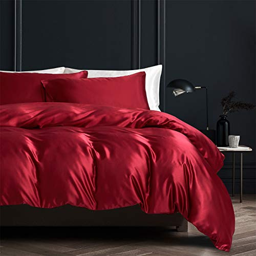 YASMENG Bettbezug, Satin, 140 x 200 cm, Weinrot, einfarbig, glänzend, Deluxe, Bettwäsche, weich, seidig, Seide, Bettwäsche für Einzelbett, mit Reißverschluss, mit Kissenbezug 65 x 65 cm