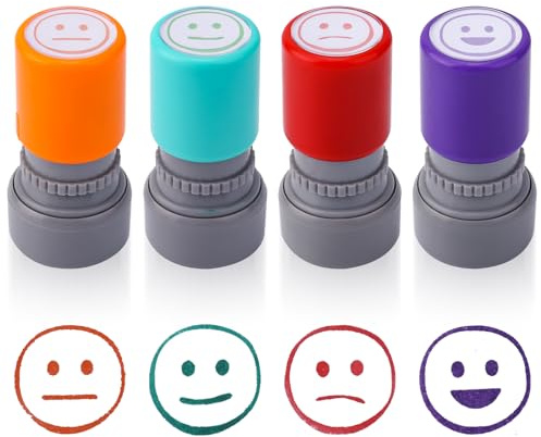 BOXOB 4stk Lehrerstempel, 4 Leuchtende Farben Stimmungsstempel zum Benoten Interaktives Werkzeug zum Emotionalen Ausdruck Schulklassenzimmer Büro Schreibwaren Tagebuch Sammelalbum
