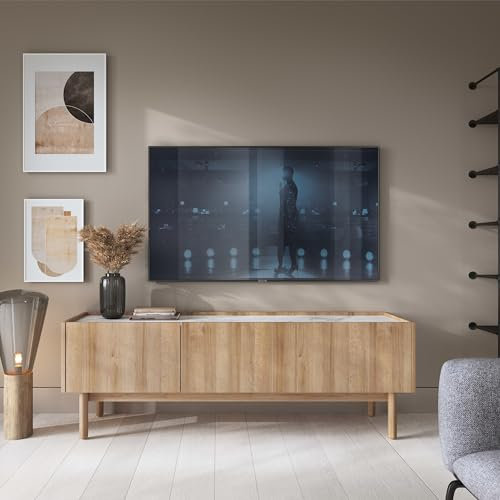 Komodee Mobile TV, Revelstoke TV144, Rovere Riviera, Marmo Bianco, Larghezza 144 cm, Altezza 48 cm, Profondità 37 cm