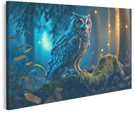 islandburner Bild auf Leinwand Eule Im Zauberwald Mystische Nachtaufnahme Mit Lichtern Bilder Wandbilder Poster