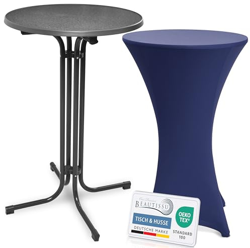 Beautissu Klappbarer Stehtisch 70cm mit Stretchhusse Outdoor Bistrotisch | Grau Blau rutschfest waschbar & bügelfrei Hussen Kratzfest Wetterfest Partytisch Gartentisch Bistro Bellini & Stella