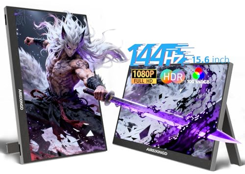 AIREIXINGD 15.6'' Portable Gaming Monitor 144Hz 1ms, 1080P FHD IPS Kickstand Portable Monitor with HDR, Matte LCD display, External Second Screen for Laptop, PC, PS5, Mac, Xbox，USB/Type-C/Mini HDMI
